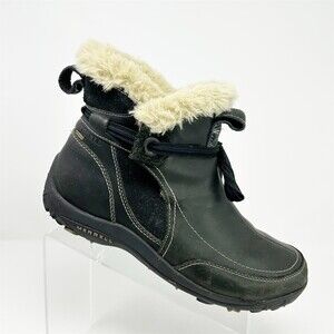 Merrell Winter Ankle Snow Boots Black Leather Faux Fur Trim Lace-Up Size 11